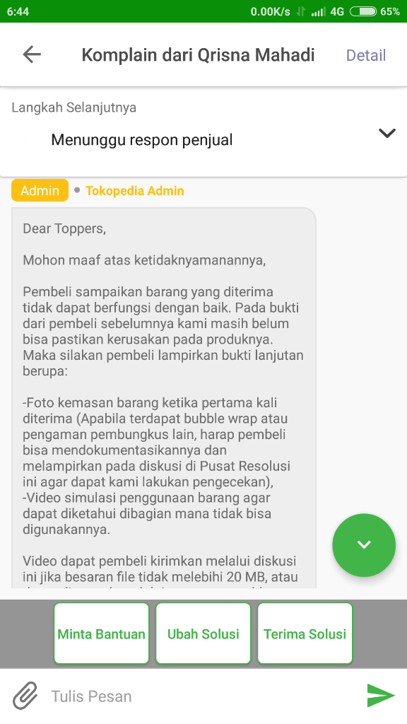 Admin Pusat Resolusi Tokopedia Sangat Teramat Bodoh Dan Bias Kepada Pembeli Nakal