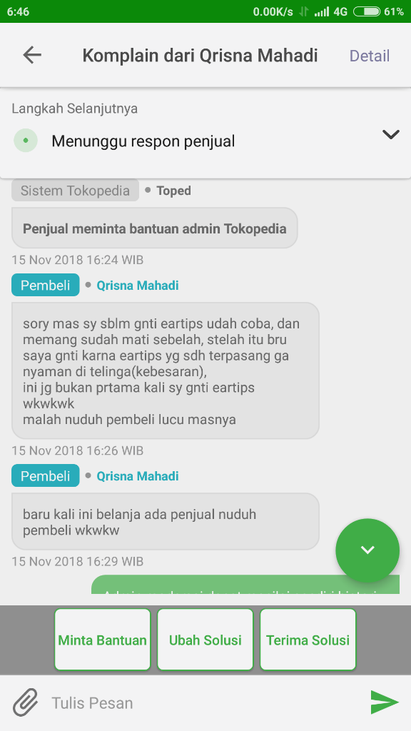 Admin Pusat Resolusi Tokopedia Sangat Teramat Bodoh Dan Bias Kepada Pembeli Nakal