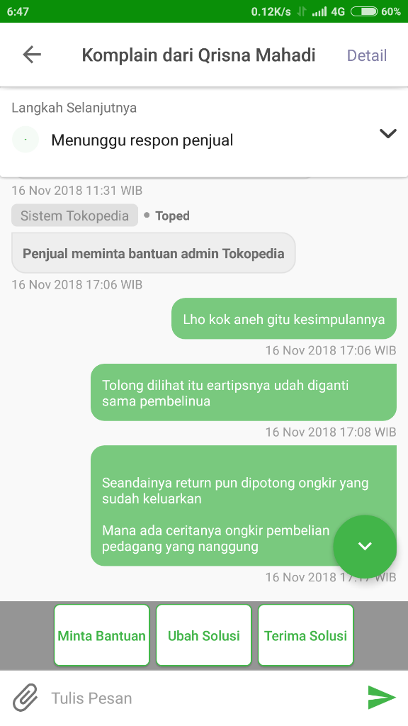 Admin Pusat Resolusi Tokopedia Sangat Teramat Bodoh Dan Bias Kepada Pembeli Nakal