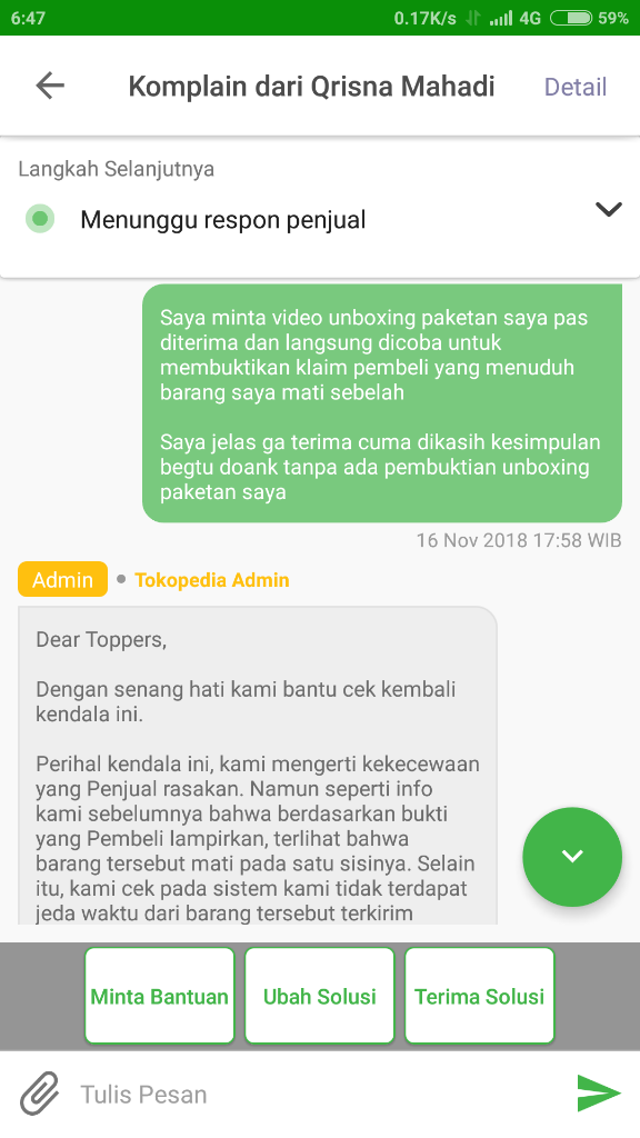 Admin Pusat Resolusi Tokopedia Sangat Teramat Bodoh Dan Bias Kepada Pembeli Nakal