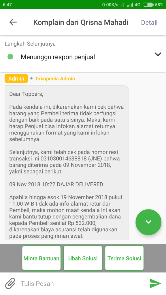 Admin Pusat Resolusi Tokopedia Sangat Teramat Bodoh Dan Bias Kepada Pembeli Nakal