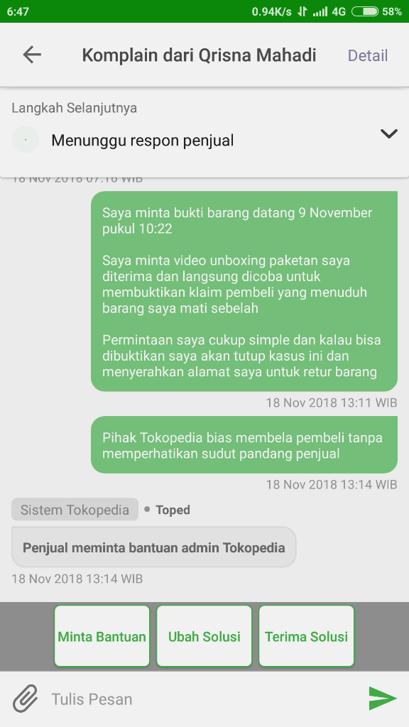 Admin Pusat Resolusi Tokopedia Sangat Teramat Bodoh Dan Bias Kepada Pembeli Nakal