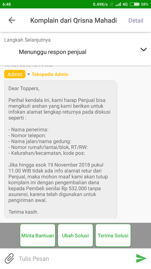 Admin Pusat Resolusi Tokopedia Sangat Teramat Bodoh Dan Bias Kepada Pembeli Nakal