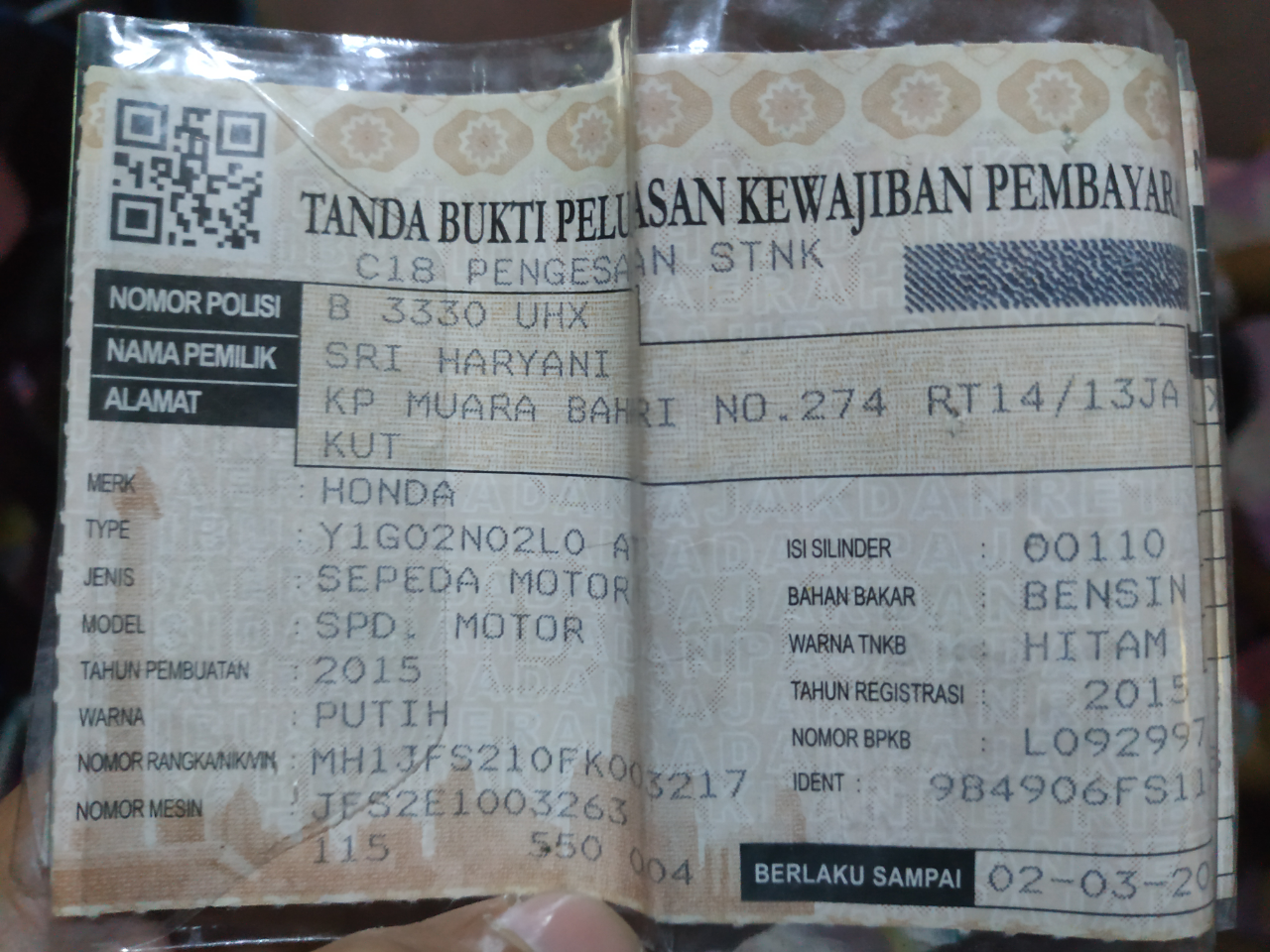 ditemukan stnk motor didaerah mall kelapa gading
