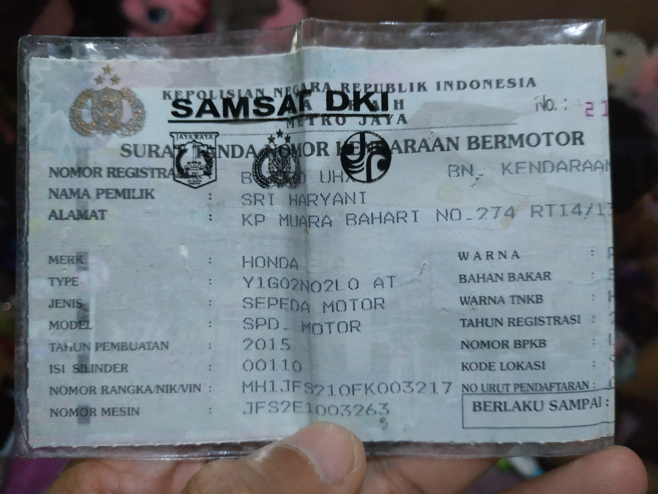 ditemukan stnk motor didaerah mall kelapa gading