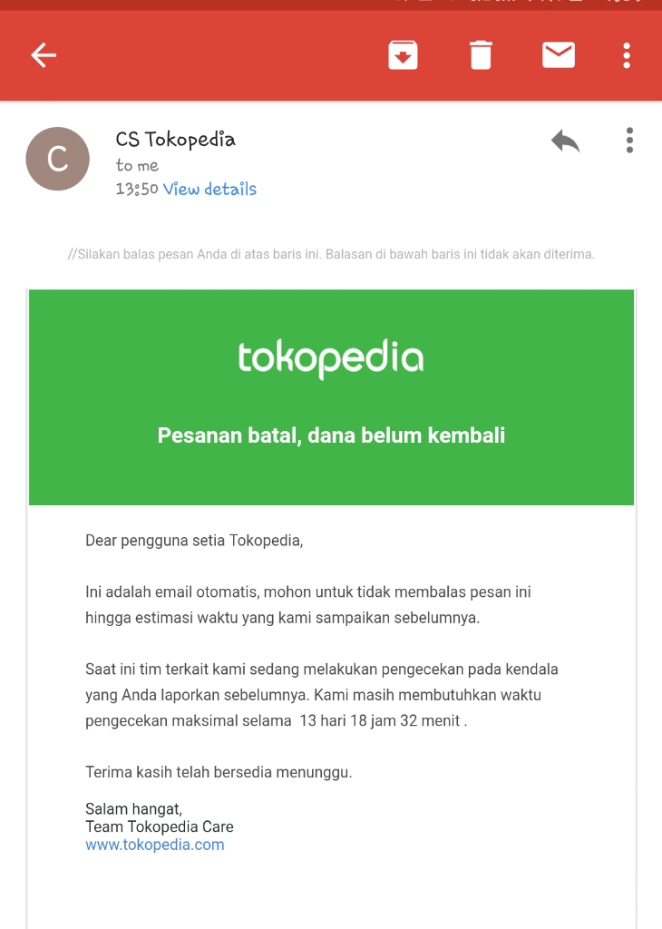 Pengembalian limit CC dari TOKOPEDIA melebihi Waktu yang dijanjikan (Maks 14 Hari)