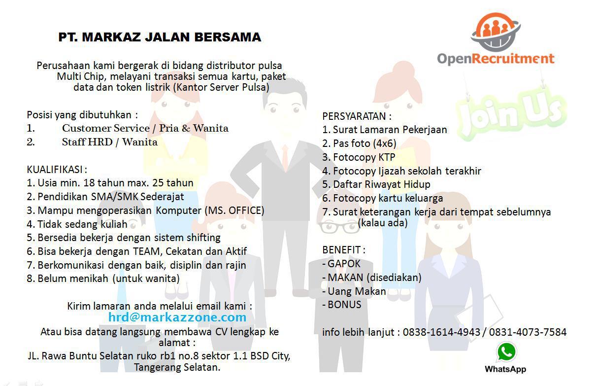 Info lowker Customer Services, Staff HRD dan Staff Purchasing 2018