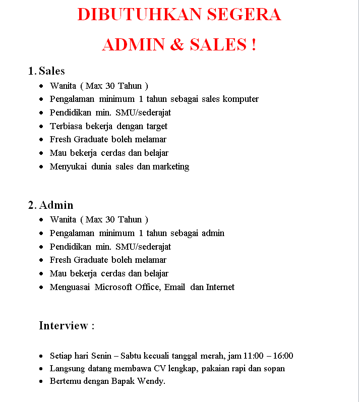 Dibutuhkan Sales dan Admin ( Toko Computer Ambasador / ITC Kuningan)
