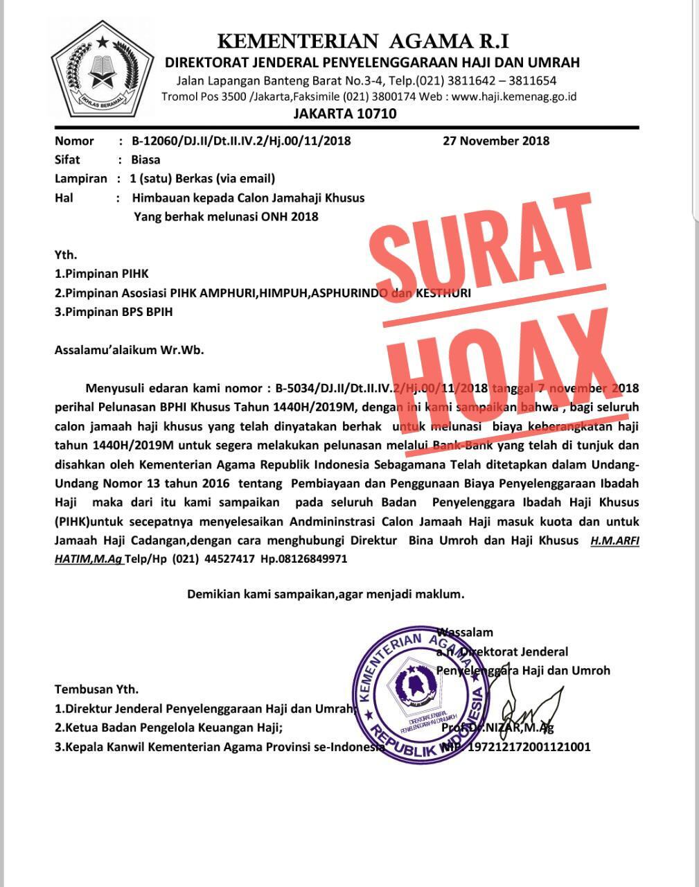 HOAX, Imbauan Agar Jemaah Haji Khusus Segera Lunasi Biaya