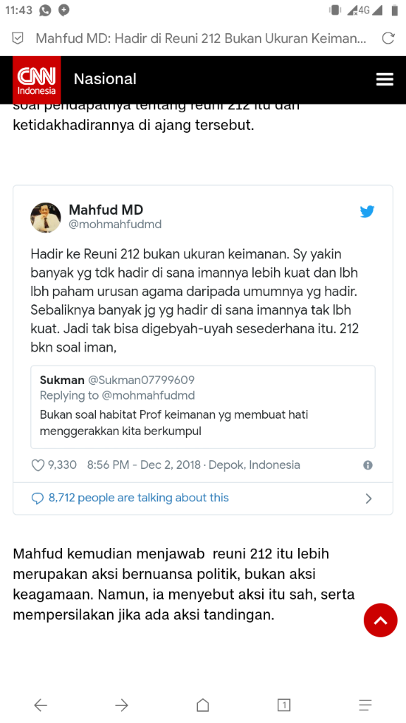 Mahfud MD: Hadir di Reuni 212 Bukan Ukuran Keimanan