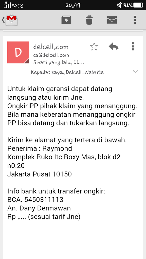 Kecewa garansi power bank delcell