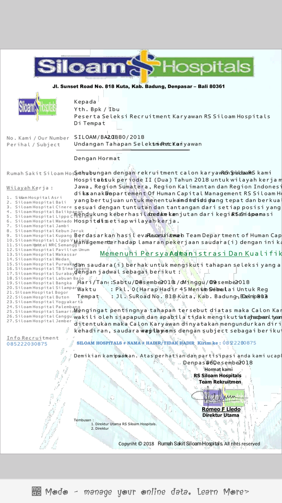 Contoh Surat Lamaran Kerja Rumah Sakit Siloam - Berbagai ...