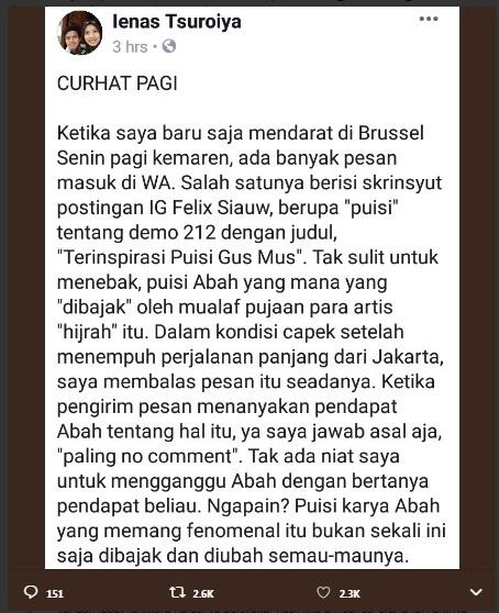 Tanggapi Puisi Felix Siauw, Putri Gus Mus: Karya Abah Bukan Sekali Ini Saja Dibajak