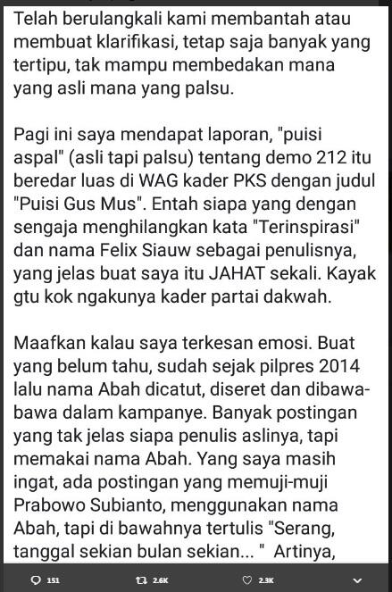 Tanggapi Puisi Felix Siauw, Putri Gus Mus: Karya Abah Bukan Sekali Ini Saja Dibajak