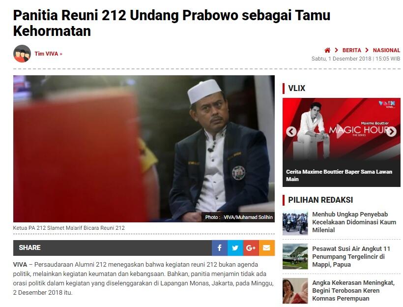 Yusuf Martak Mengaku Tak Mengundang Prabowo ke Reuni Akbar 212