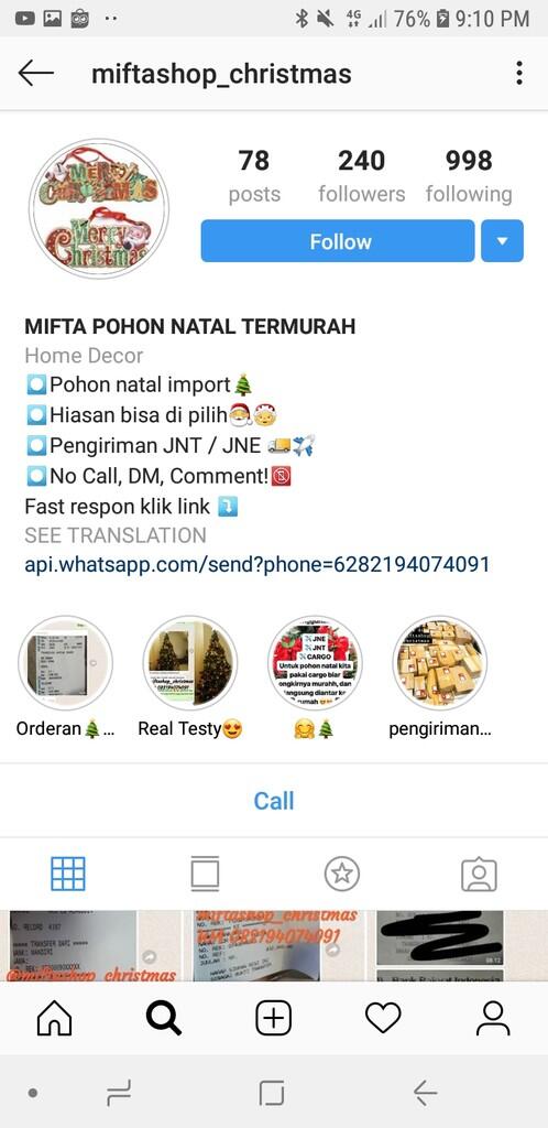 Penipuan atas nama miftashop_christmas IG Pohon Natal termurah