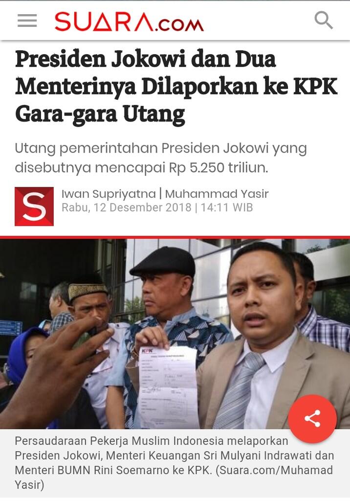 Presiden Jokowi dan Dua Menterinya Dilaporkan ke KPK Gara-gara Utang