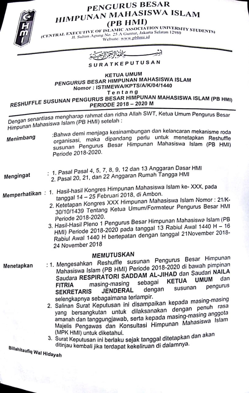 Ketum Pb Hmi Terbitkan Sk Kepengurusan Baru Demi Mempercepat