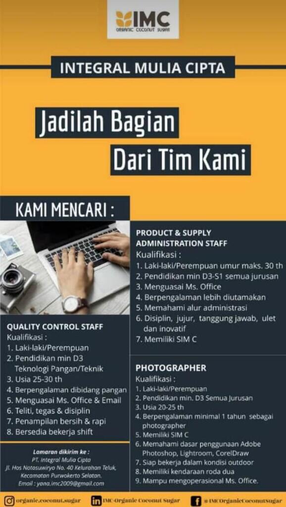 Lowongan Kerja PT Integral Mulia Cipta (IMC Organic Coconut Sugar)