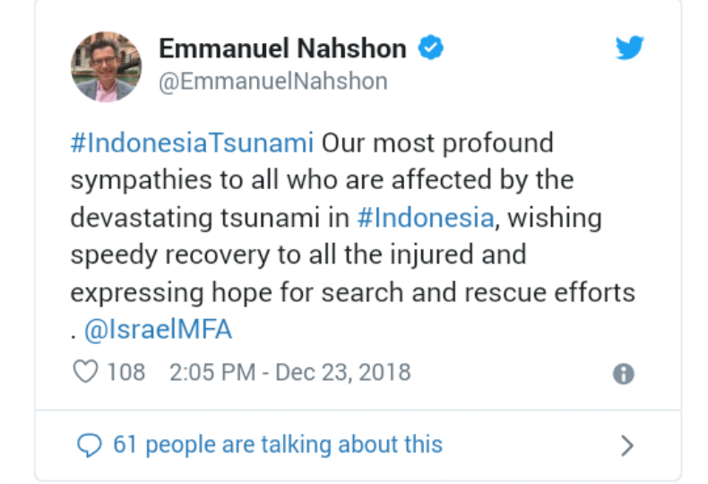 Israel Turut Bersedih Untuk Korban Tsunami Selat Sunda