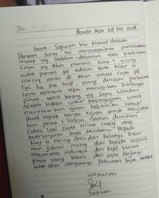 Tulis Surat, Warga Aceh Penyebar Video Ma'ruf Amin Berkostum Sinterklas Minta Maaf