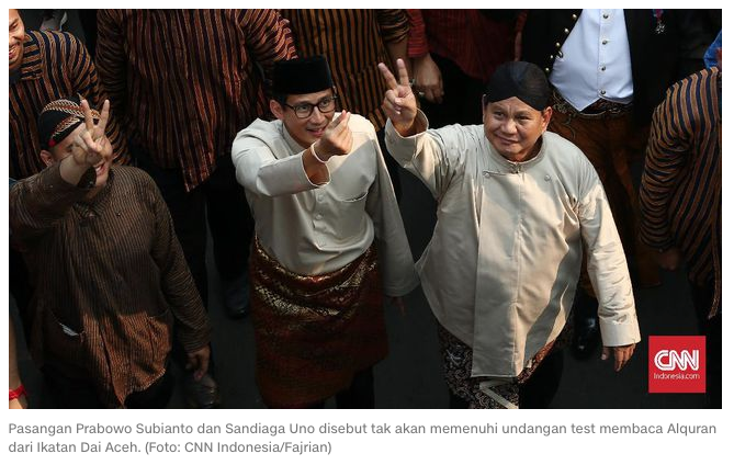 Prabowo-Sandiaga Disebut Tidak Akan Ikut Tes Baca Alquran