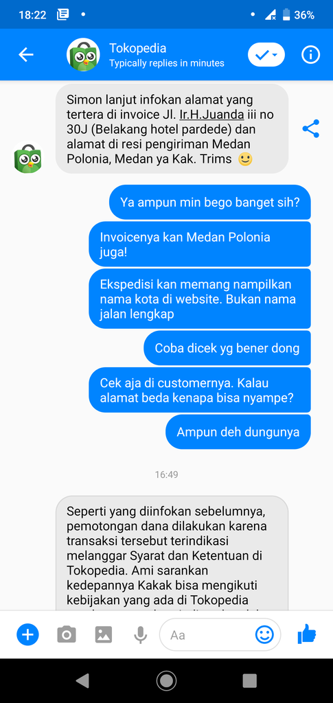 Tokopedia mengambil uang saya dengan alasan alamat tidak sesuai padahal sudah benar