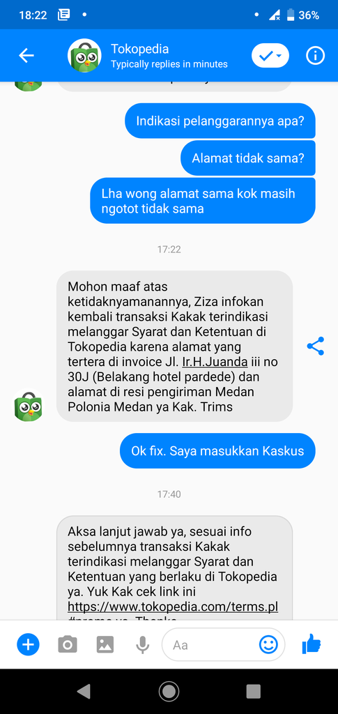 Tokopedia mengambil uang saya dengan alasan alamat tidak sesuai padahal sudah benar