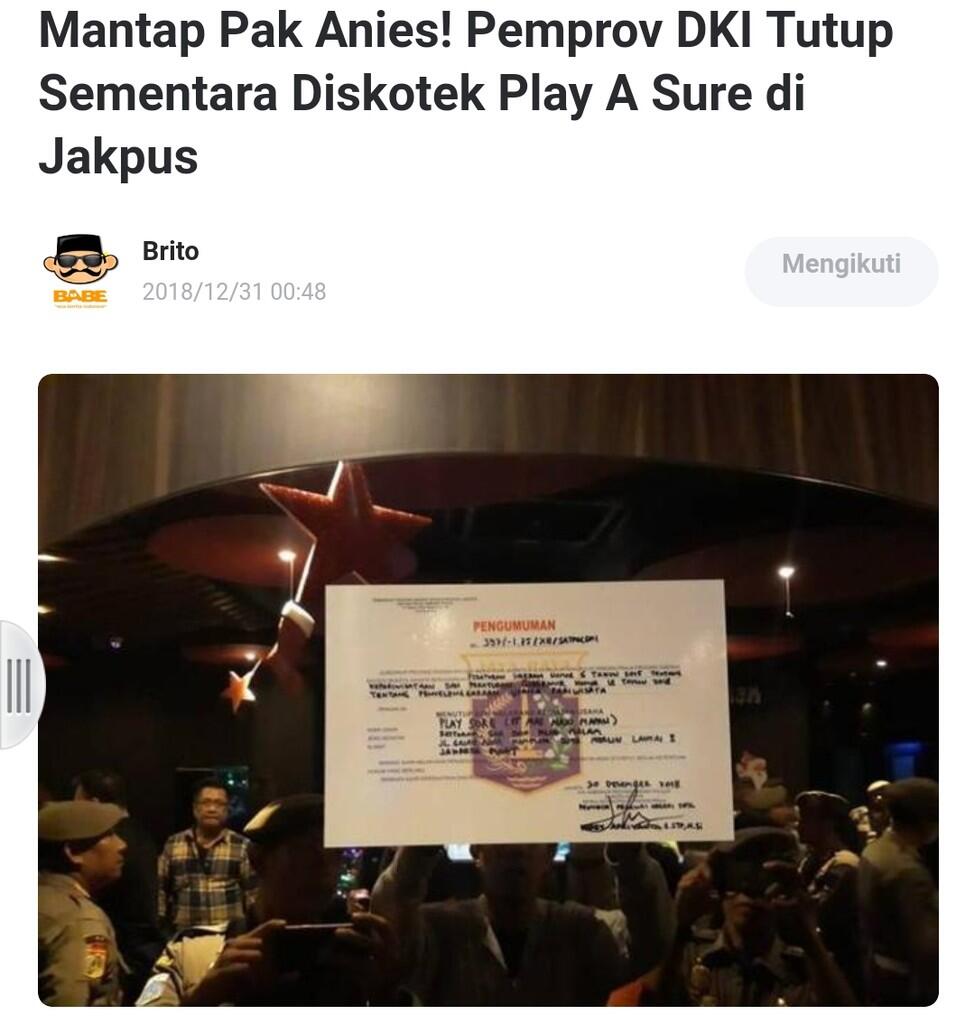 Mantap Pak Anies! Pemprov DKI Tutup Sementara Diskotek Play A Sure di Jakpus