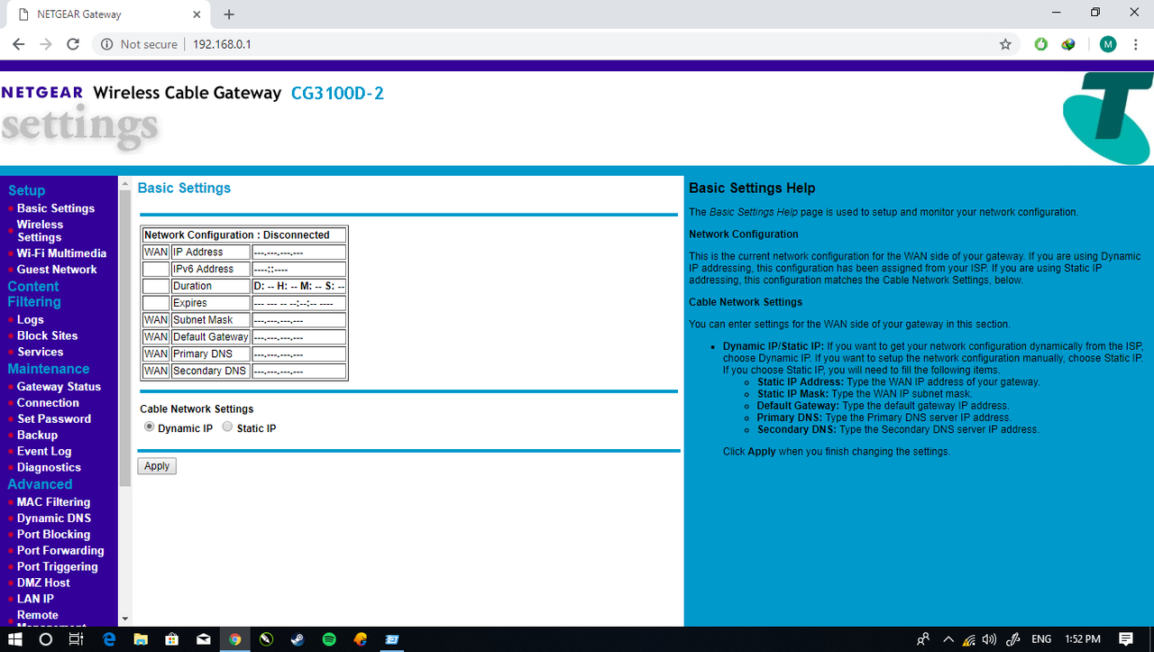 HELP SETTING NETGEAR CG3100D