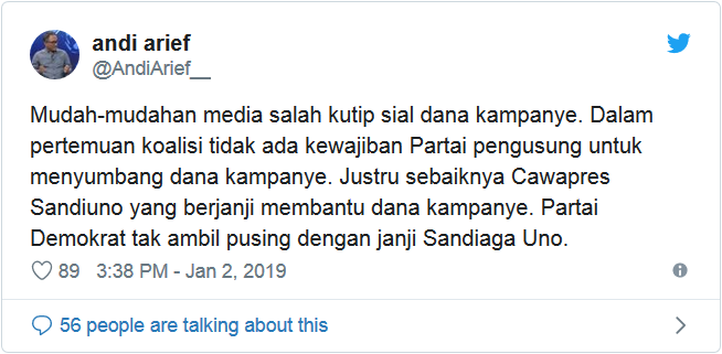 Andi Arief: Sandi Janji Beri Dana ke Parpol, Bukan Sebaliknya