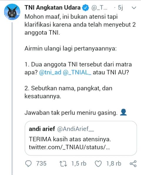 TNI AU Minta Andi Arief Sebut TNI yang Ikut Usut 7 Kontainer Surat Suara

