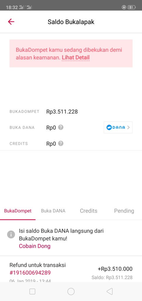 Buka dompet di bekukan oleh bukalapak