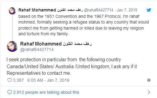 Saudi woman Rahaf Mohammed al-Qunun leaves barricaded hotel room