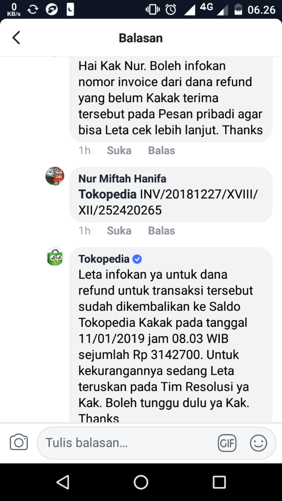 Respon Lama dari Tokopedia