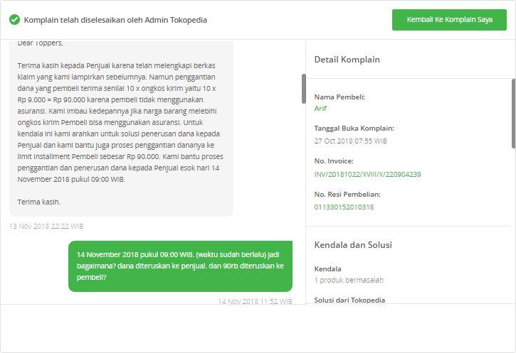 di Tokopedia, penjual yg tangung produk hilang, jika pembeli tdk menggunakan asuransi