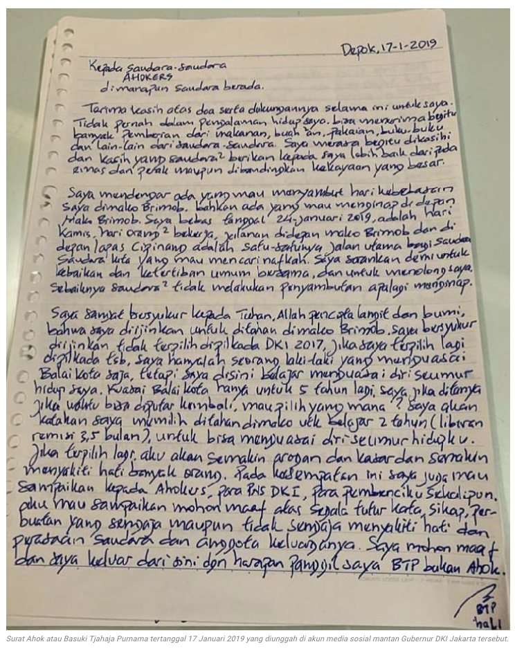 Isi Surat Ahok ke Pendukung: Tolong Saya, Batalkan Penyambutan