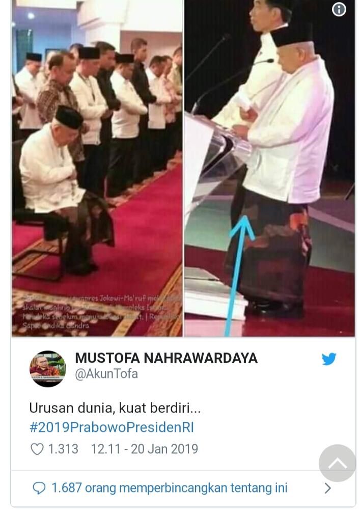 Mustofa Unggah Foto Ma'ruf Salat Sambil Duduk, TKN: Salat Urusan Personal