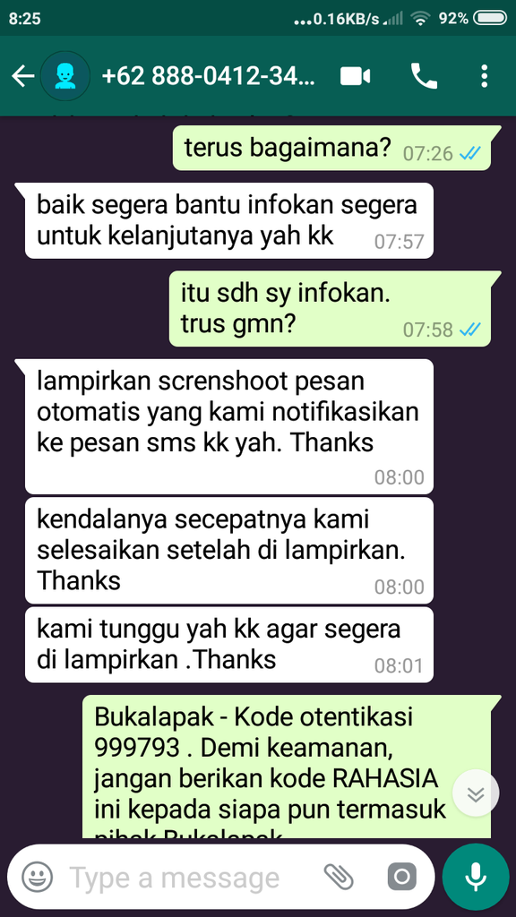 Modus Penipuan dari 0888-0412-3454 dg fitur OTP Bukalapak