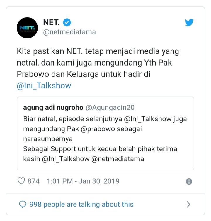 Dituding Tidak Netral Usai Undang Keluarga Jokowi di Ini Talk Show, NET TV: Kami Meng