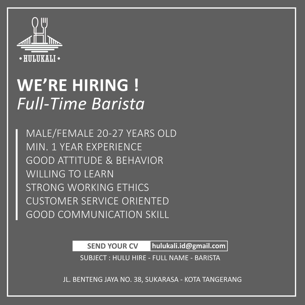 DIBUTUHKAN BARISTA &amp; WAITER / WAITRESS AREA KOTA TANGERANG