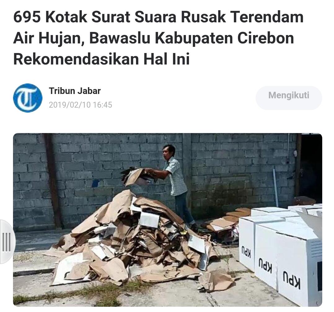 695 Kotak Surat Suara Rusak Terendam Air Hujan, Bawaslu Kabupaten Cirebon Rekomendasi