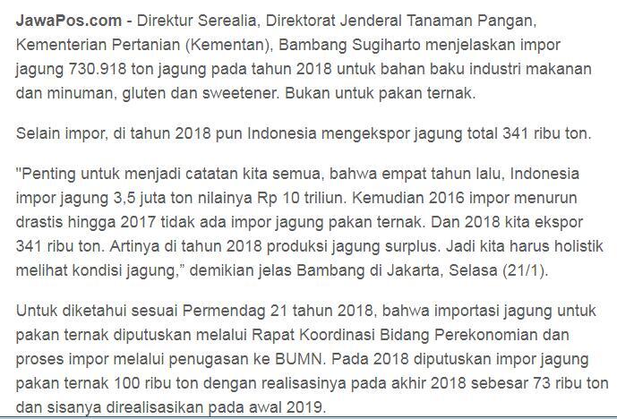 Kuatkan Pernyataan Jokowi, Kementan Jelaskan Data Impor Jagung BPS