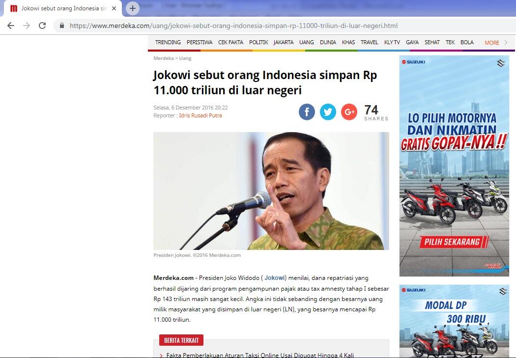 Jokowi Sebut Orang Indonesia Simpan Rp 11.000 Triliun di Luar Negeri