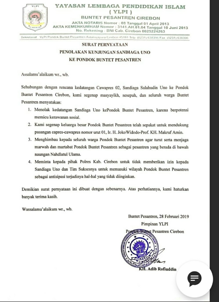 Dukung Jokowi, Pondok Pesantren Buntet Cirebon Tolak Kunjungan Sandiaga