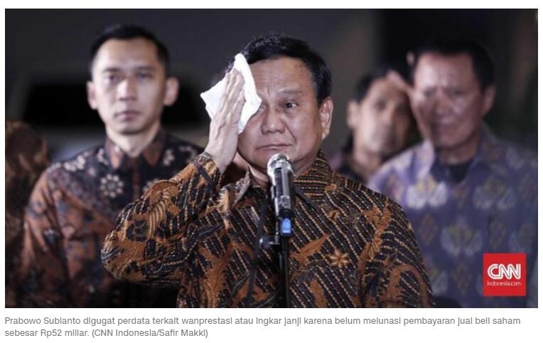 Prabowo Digugat Perdata Terkait Wanprestasi Saham Rp52 Miliar