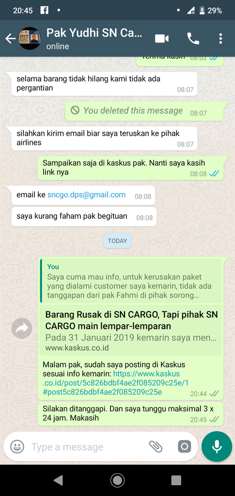 Barang Rusak di SN CARGO, Tapi pihak SN CARGO main lempar-lemparan