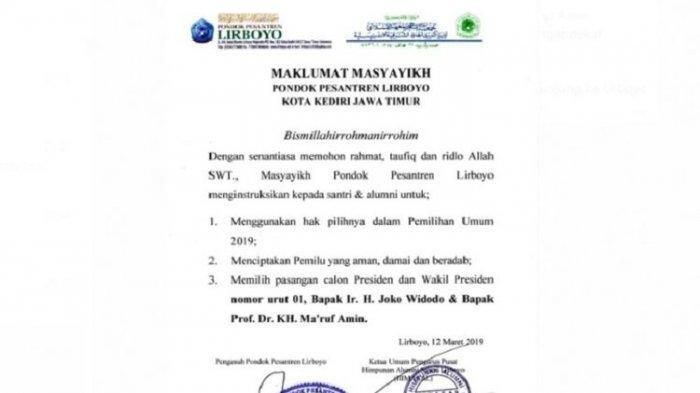 Sesepuh Pondok Pesantren Lirboyo Keluarkan Maklumat Dukung Jokowi-Ma'ruf Amin