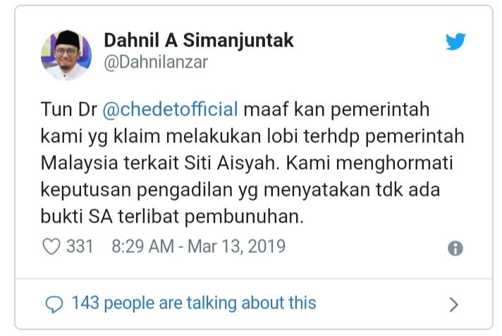 Dahnil Mention Mahathir: Maaf Pemerintah Kami Klaim Lobi soal Siti Aisyah