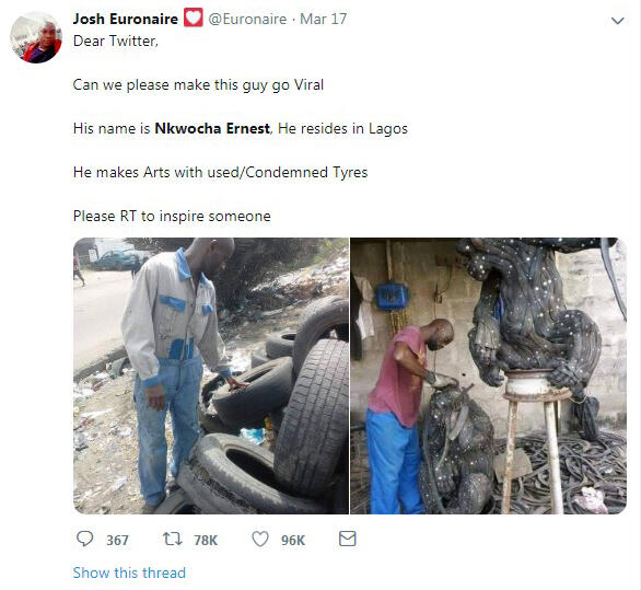 Viral Di Twitter Pria Nigeria Mengubah Ban Bekas Menjadi Patung Bernilai Seni Tinggi